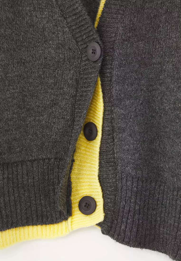 Gray Crop Block V Neck Soft Textured Knitwear Cardigan