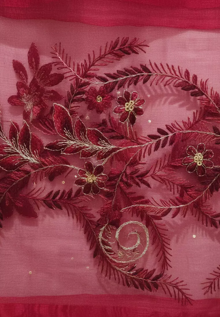 Golden Thread Embroidery Camelia Floral Silk Shawl Syal Sutra Wanita Deep Red