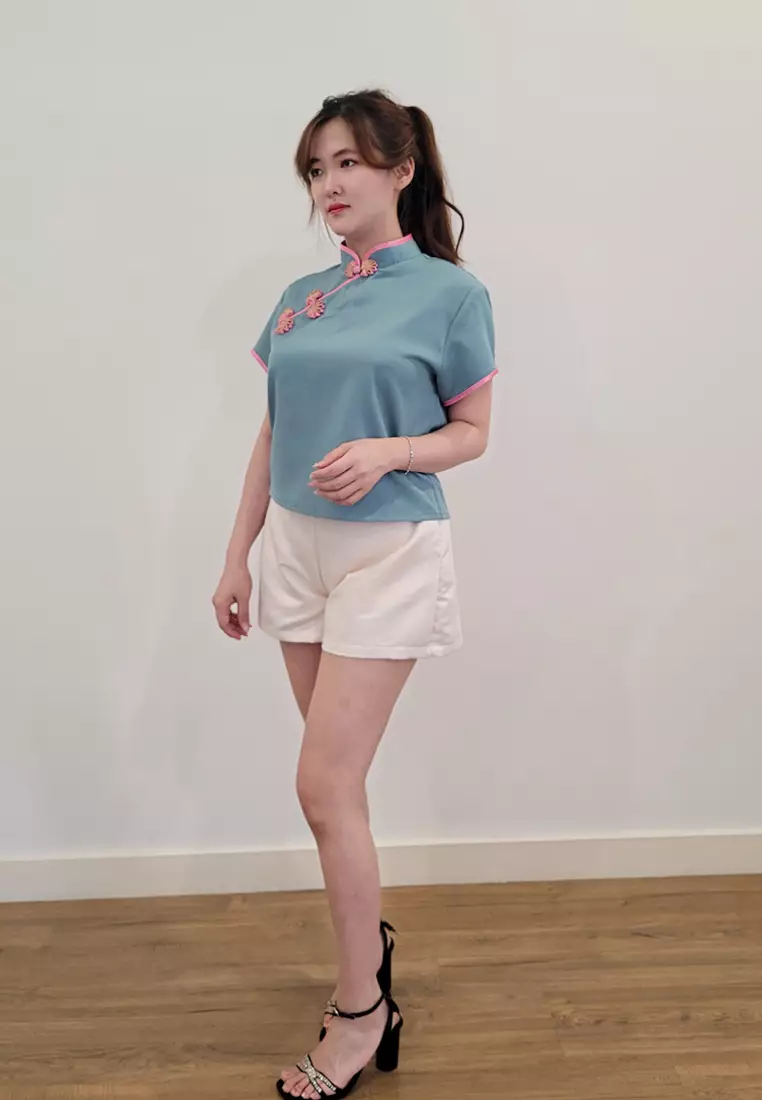 Ivory Cheongsam Top in Mint Green