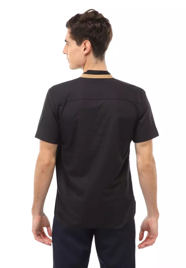 Dwan Atasan Formal Pria Kemeja Koko Motif List Kancing Short Sleeve Material Cotton ORIGINAL - Black