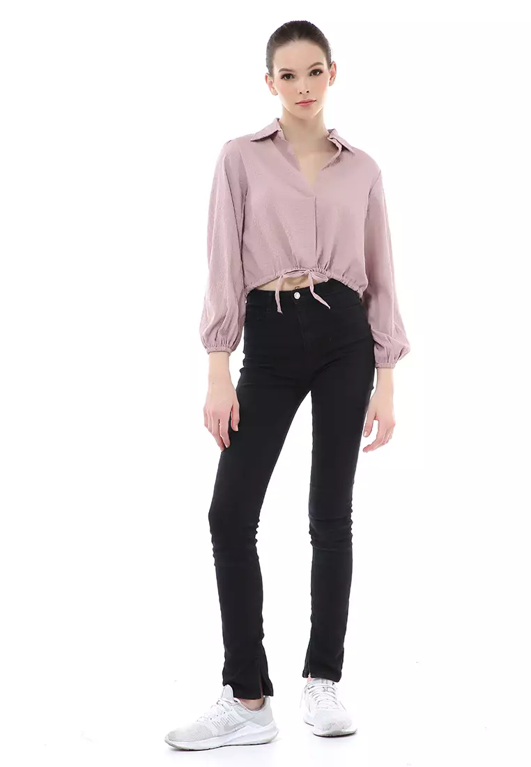 Brielle Atasan Wanita Kemeja Crop Lengan Panjang Material Crinkle ORIGINAL - Lilac
