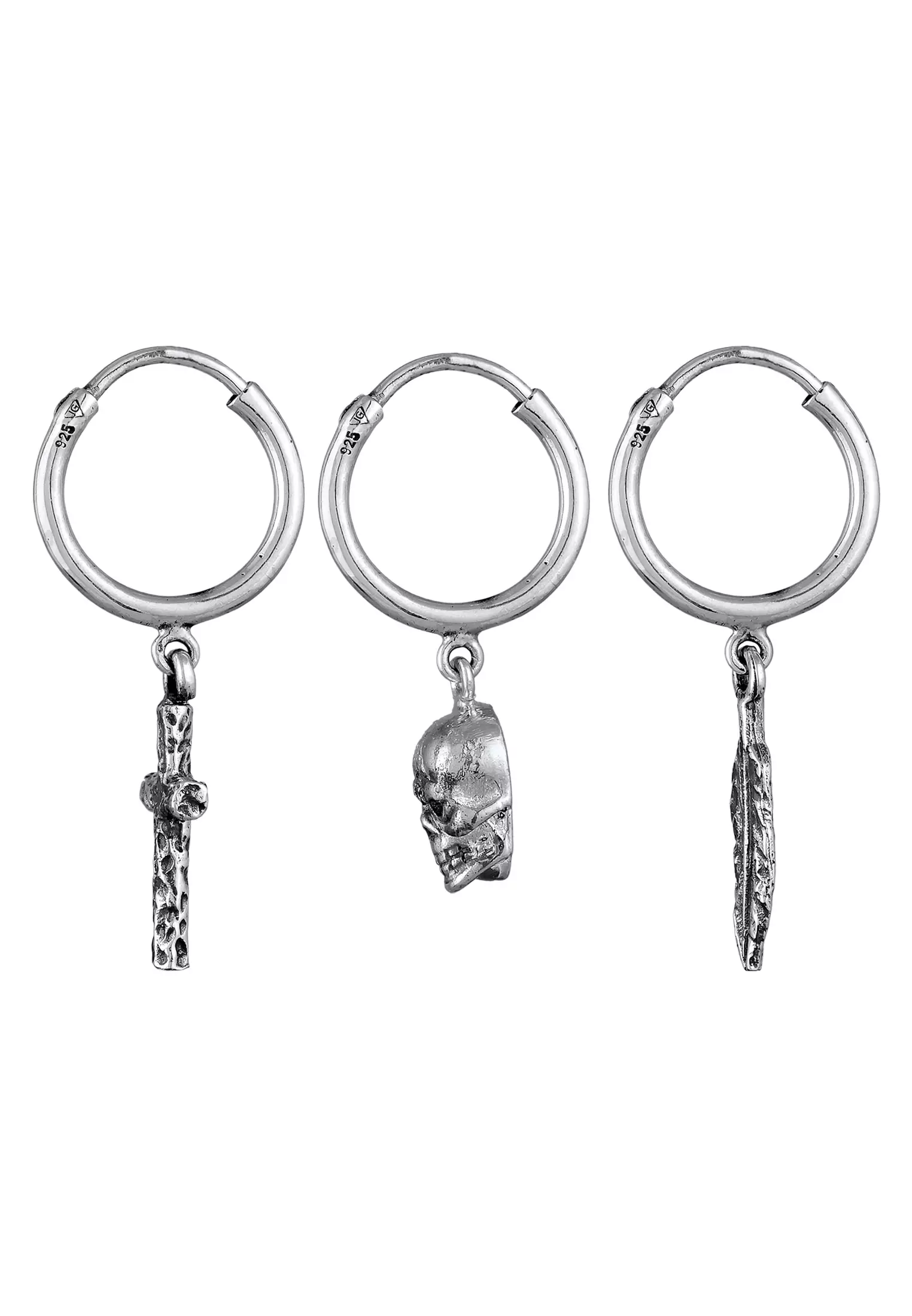 Earrings Men Creoles Cross Skull Feather Set Of 3
