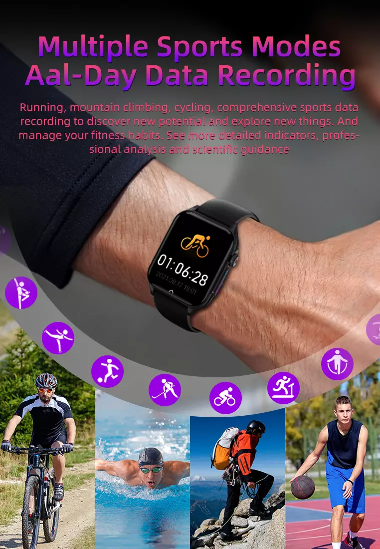 SmartWatch Layar1.96" Fungsi Alarm Denyut Jantung Jam Pintar FitnessTracker Bluetooth Musik pink dengan gelang gratis