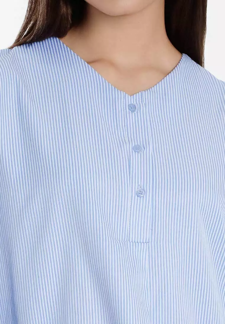 Forest Ladies Poly Cotton Striped V-Neck Blouse Women Long Sleeve Top - 822510-31Blue