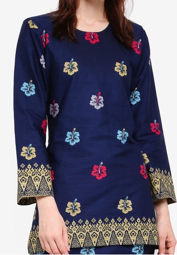 Buy Cotton Modern Kurung With Songket Print (BRaya) from Kasih in blue and Multi only 199