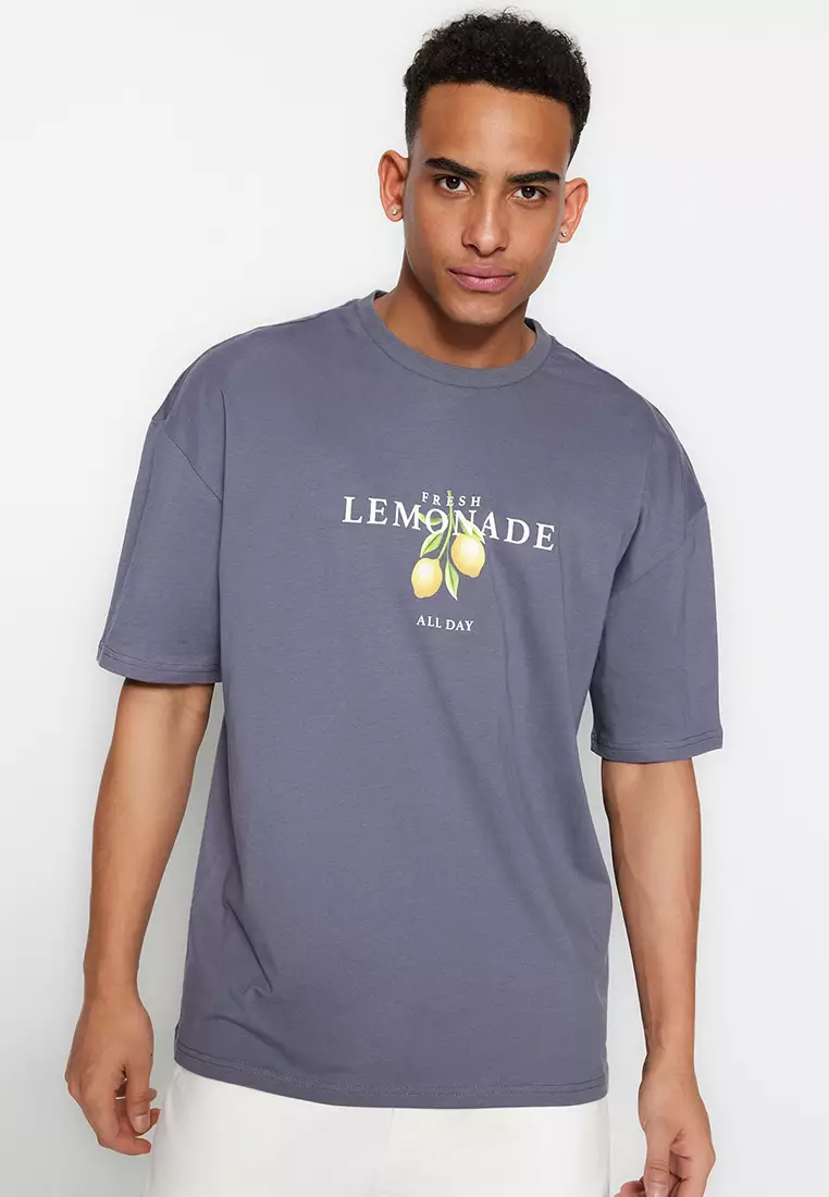 Anthracite Unisex Oversize/Wide Cut Crew Neck Short Sleeve Printed T-Shirt