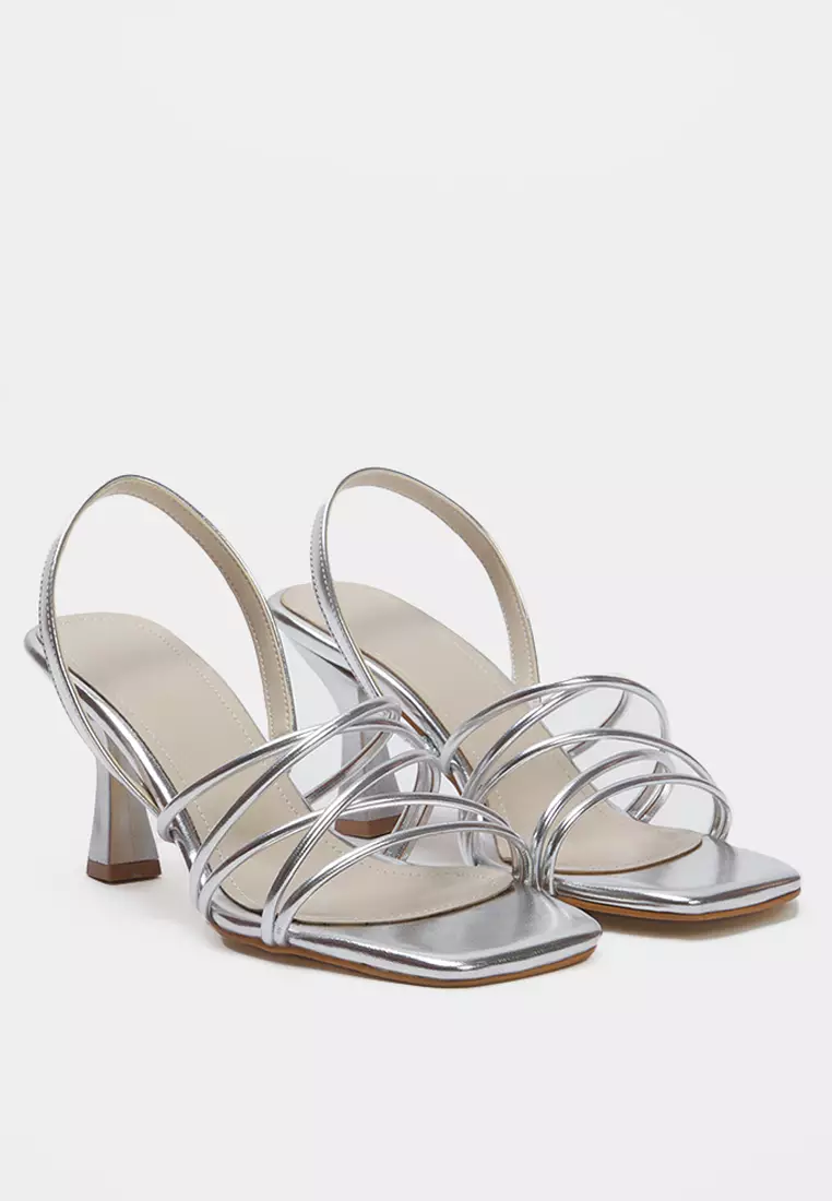 Metallic Ankle-Strap Square Toe 8 cm Thin Heel Sandals