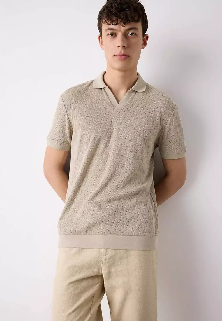 Regular Fit Polo Neck Short Sleeve Knit Look T-Shirt B6536Ax25Sp