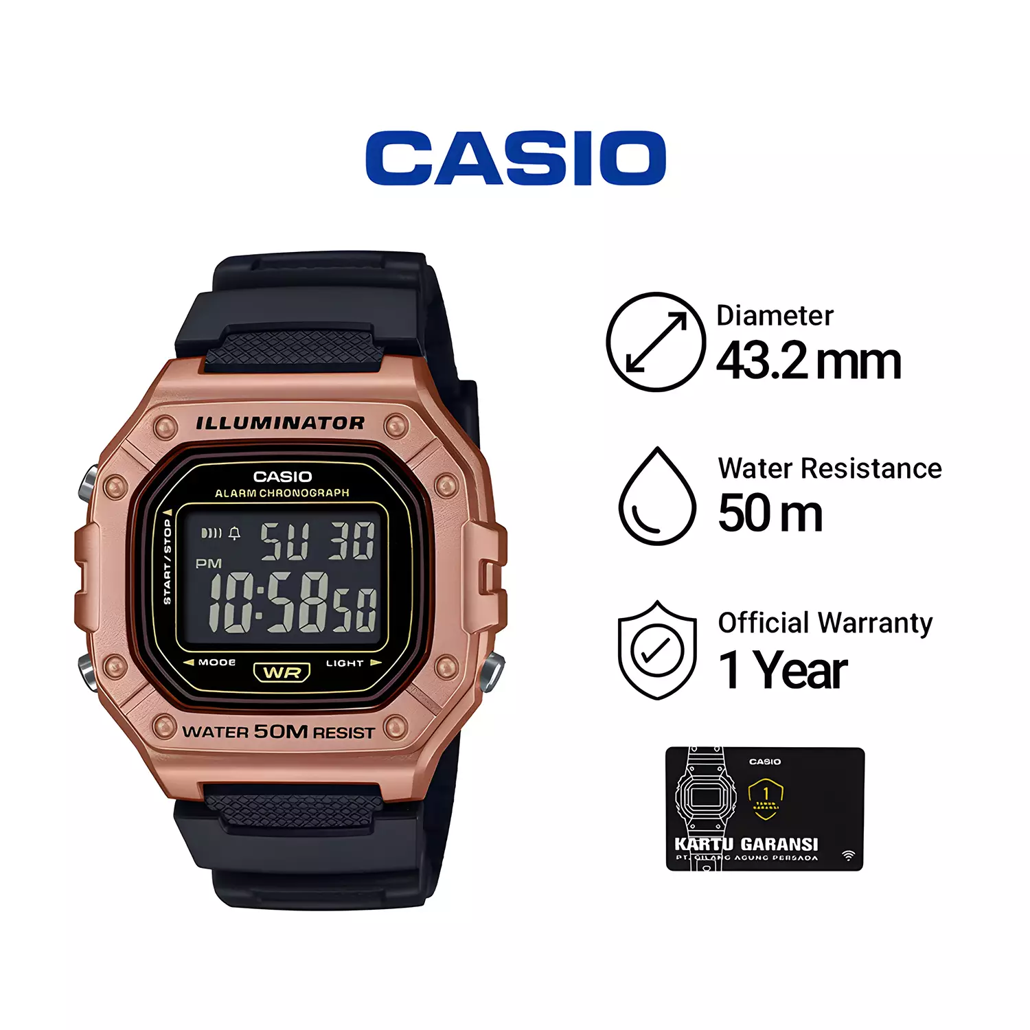 Casio Illuminator W-218HM-5B Jam Tangan Digital Pria - Rosegold Case - Black Resin Band