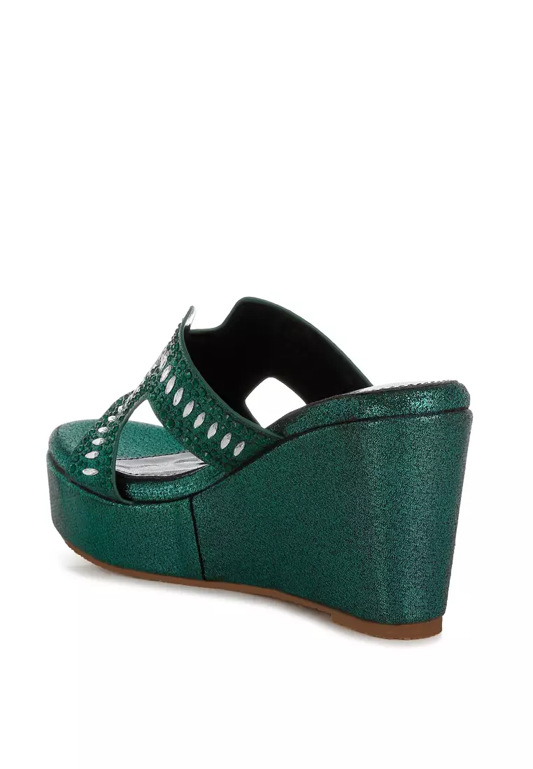 Diamante & Rhinestone Detail Cut-Out Sandals in Green
