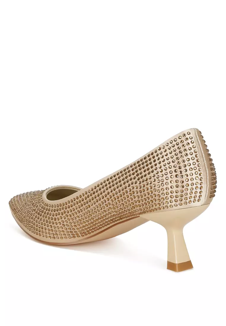 Rhinestones Embellished Kitten Heel Pumps in Gold