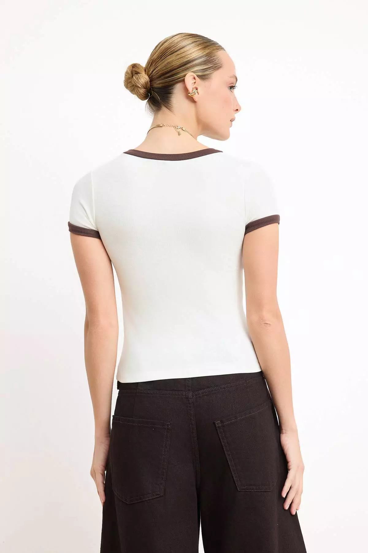 Ecru Fitted/Body-Fitting Short Sleeve Cotton Ribbed Knitted T-Shirt Twoss26Ts126