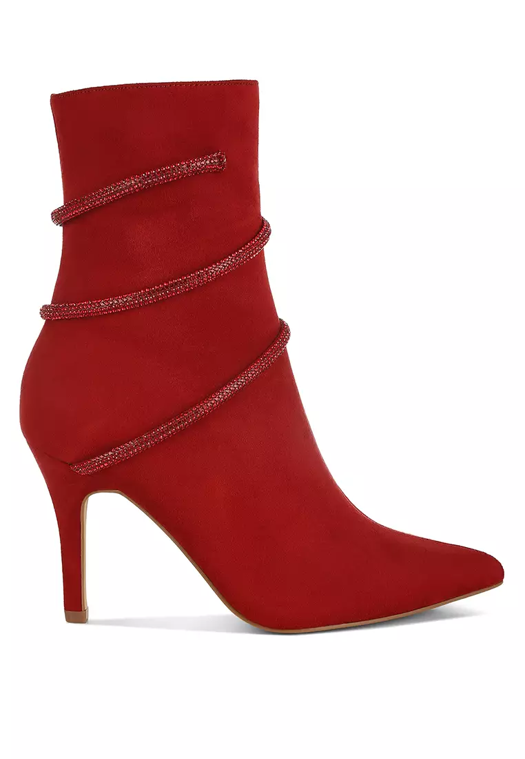 Discount on London Rag  shoes - SKU: Rhinestone Wrap-Around Stiletto Boots in Red
