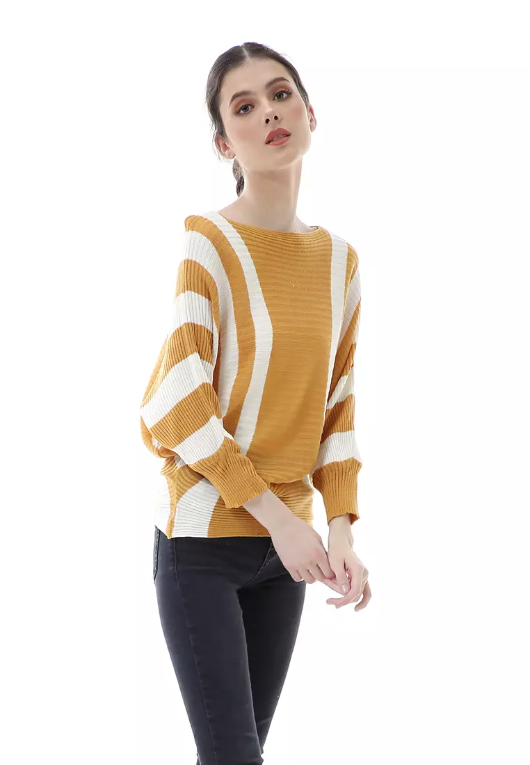 Viana Blouse Rajut Atasan Wanita Motif Zebra Stripe Oversize Jumbo Premium Quality - Mustard