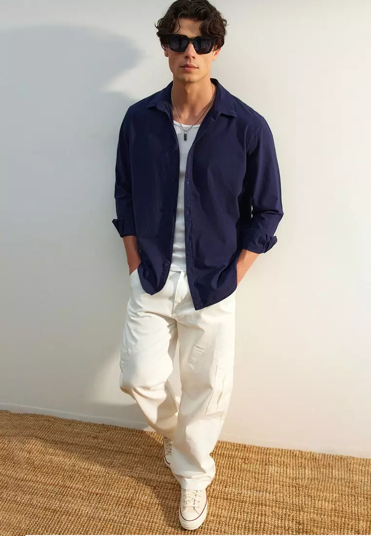 Navy Blue Unisex Regular Fit 100% Cotton Linen Look Shirt TMNSS23GO00099 TMNSS23GO00099