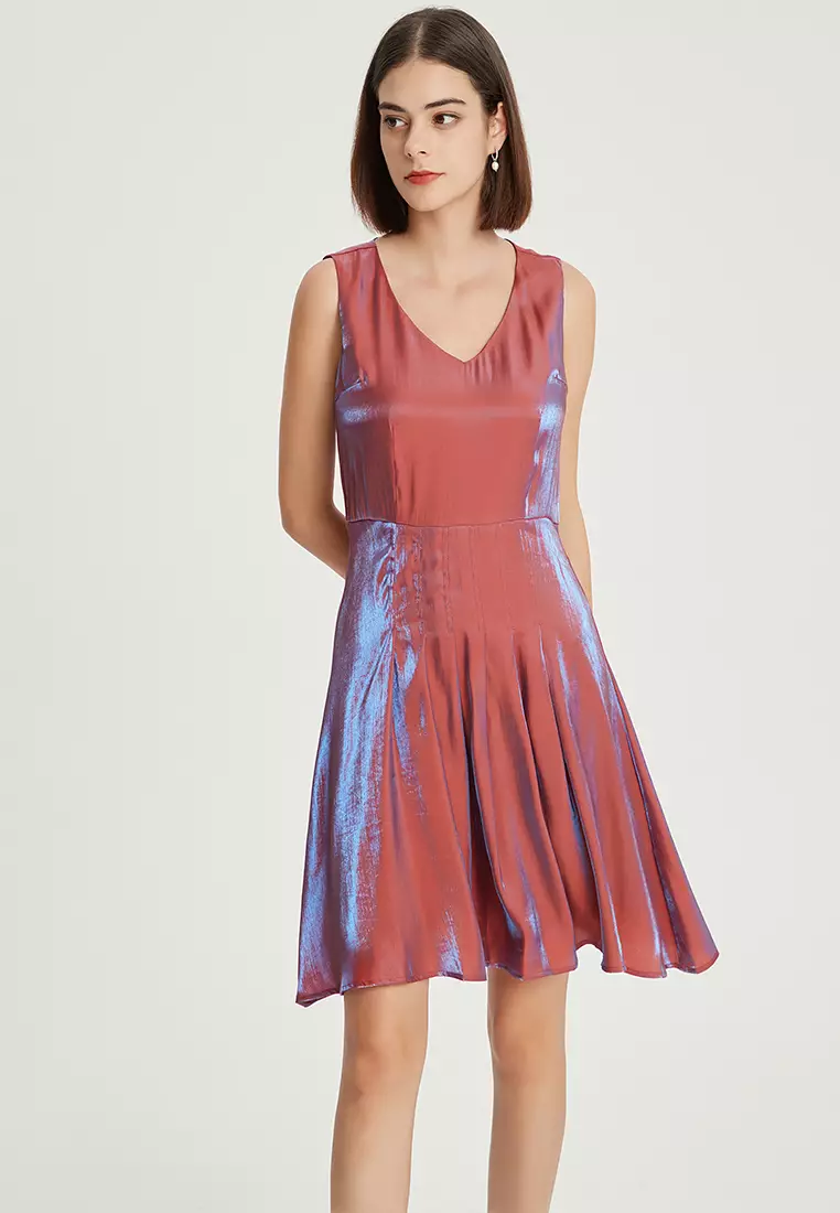 V-neck color-changing glazed satin one piece dress B22041204RD