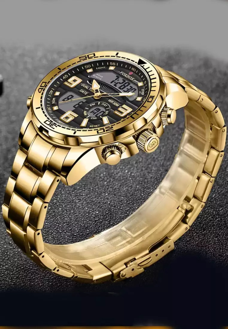 FOXBOX Unisex Stainless Steel Diver's Analogue/Digital Quartz Watch, Black Dial, Stainless Steel Bracelet, 30m Water Resistant