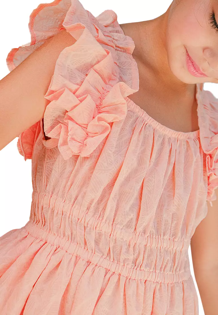 Yuno Floral Textured Smocked Waist Dress With Ruffle Sleeves