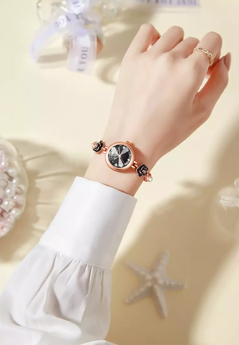 Jam Tangan Wanita Original Anti Air Tali Gelang Bunga-Bunga Korea Fashionn Jam Tangan Cewek black