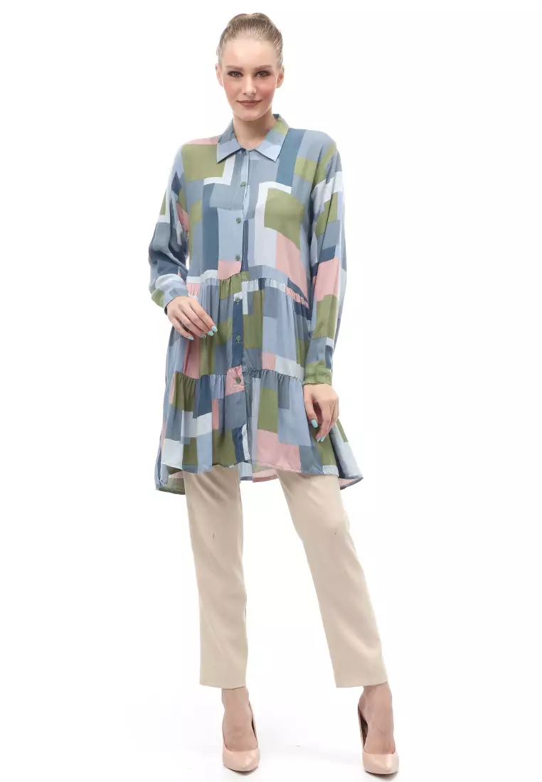 Tunik Atasan Wanita Long Sleeves Motif Abstrak Multicolor Relaxed Fit - Motif 4
