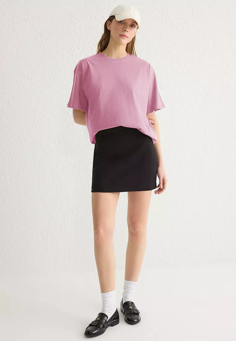 Light Pink 100% Cotton Crew Neck Oversize/Wide Pattern Knitted T-Shirt Twoss20Ts0134