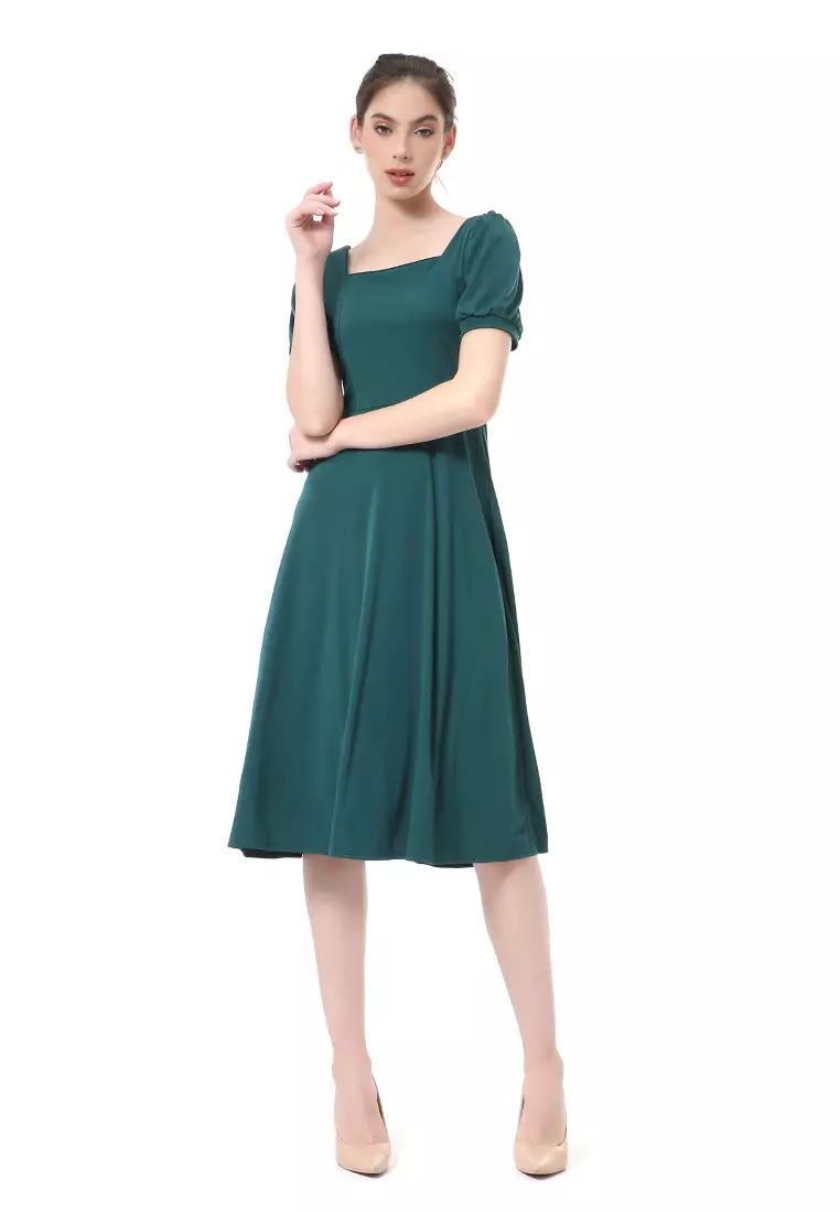 Rachel Long Dress Wanita Lengan Pendek Motif Polos Material Cotton ORIGINAL - Green