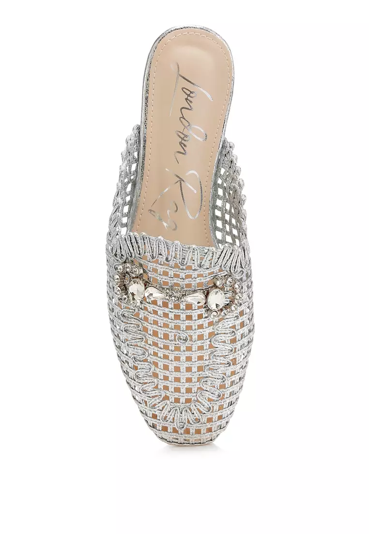 Metallic Woven Diamante Mules in Silver