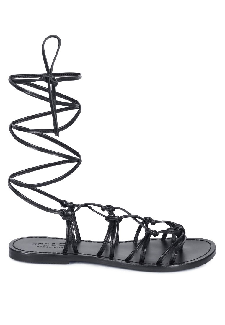 Handcrafted Black Leather Tie Up String Flats