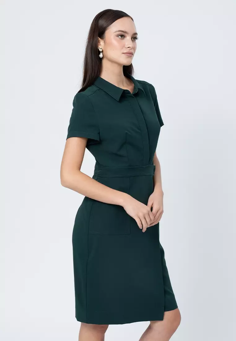 Maire Shift Dress with Structured Wrap Skirt Detail and D-Ring Accent