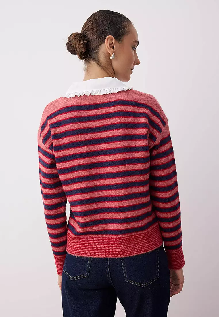 Red Detachable Collar Lace Garnish Color Block Knit Sweater