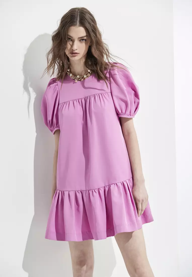 Jual iROO Pink Loose Fit Dress With Puff Sleeve Original 2023 | ZALORA  Indonesia ®