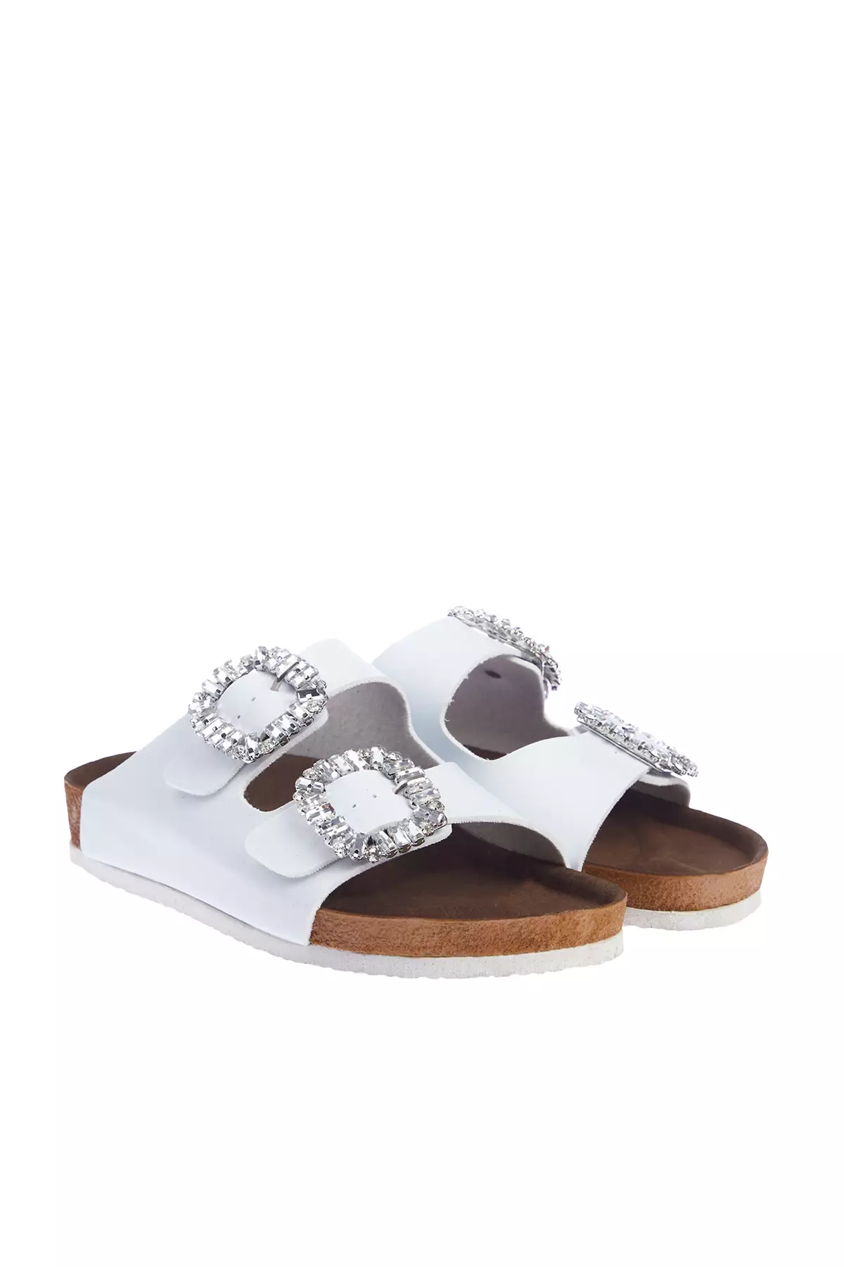 White Stone Accessory Detailed Double Buckle Women's Slippers Takss24Te00002