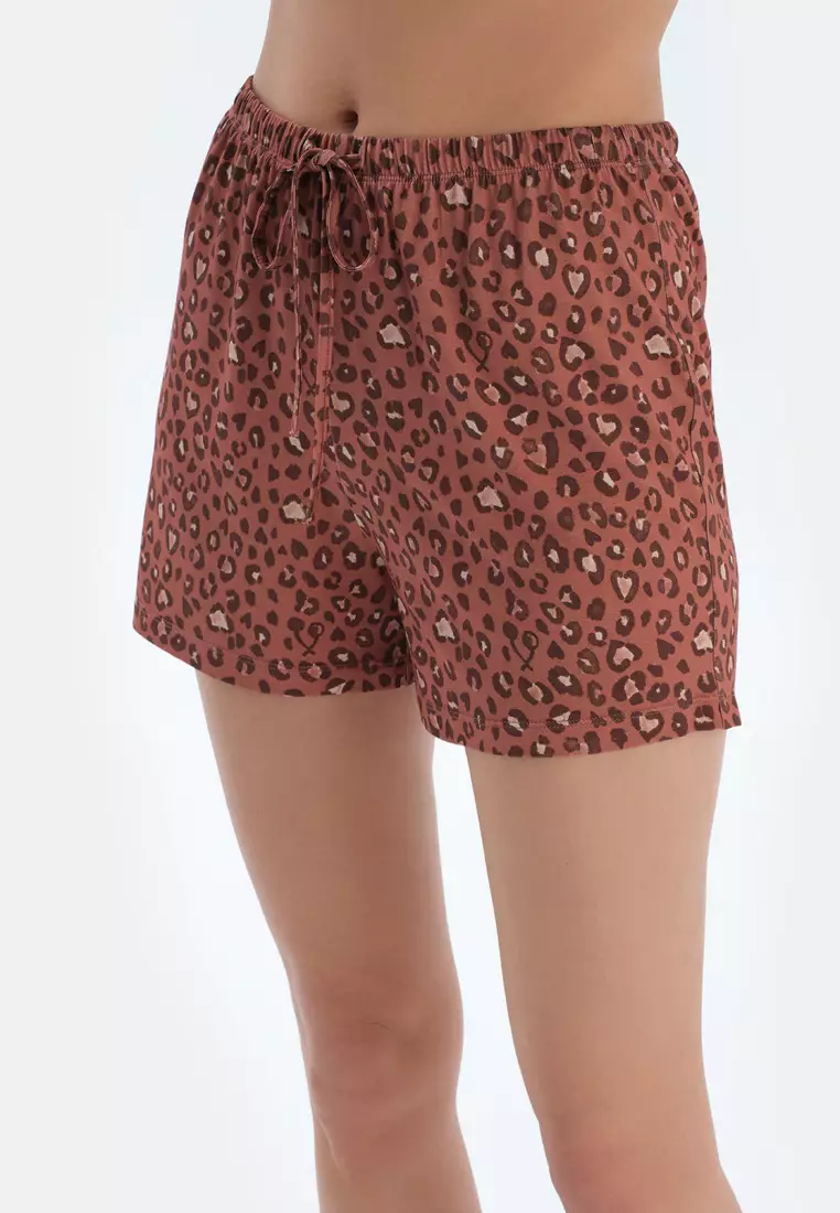 Terracotta Shirt & Shorts, Leopard, Shirt Collar, Regular, Short Leg, Short Sleeve Sleepwear for Women