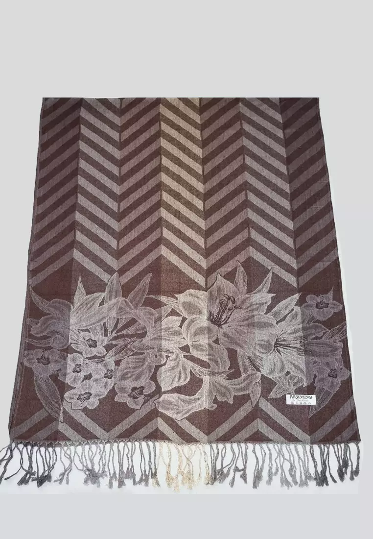 Aksesoris Wanita Viscose Zig Zag Flora Pattern Pashmina Shawl Syal Wanita Chocolate
