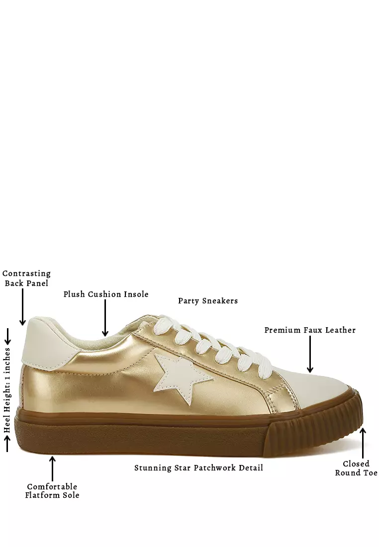 Metallic Faux Leather Star Sneakers in Gold