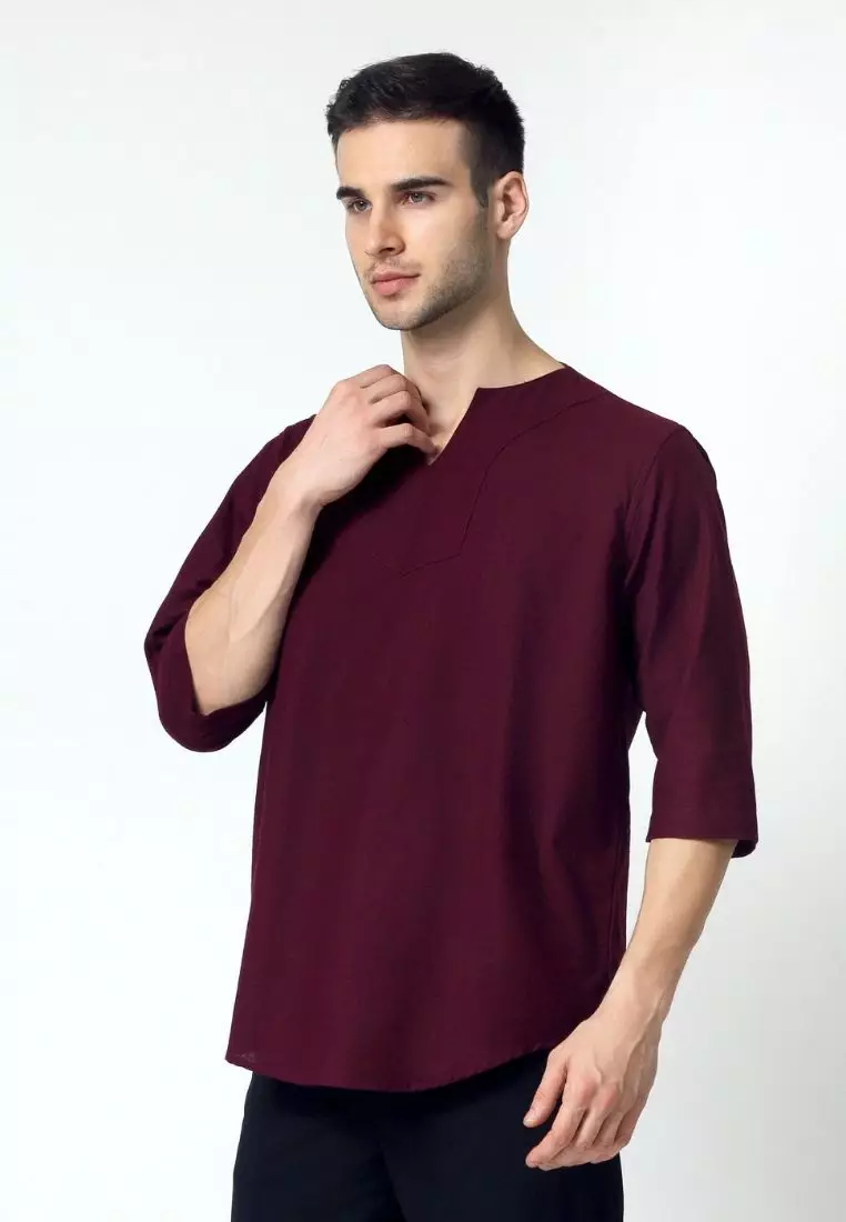 Cotton Well Morocco Shirt Burgundy | Kemeja Koko Pria Kerah V Neck Maroon
