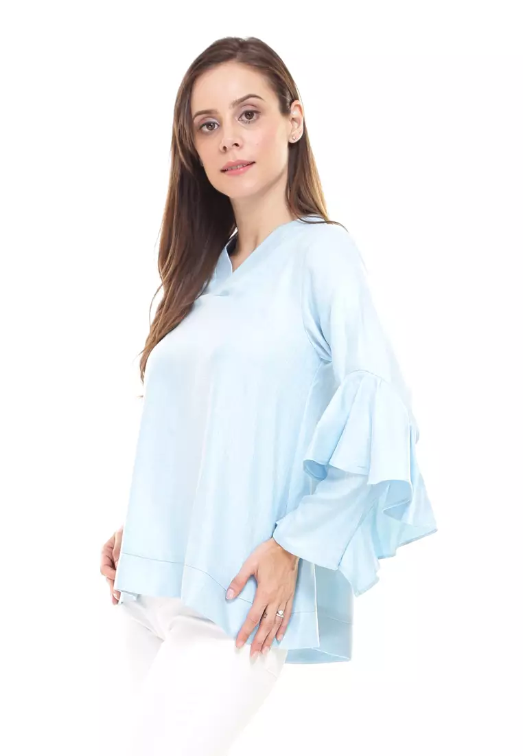 Dorothy Ruffles Sleeves Top Cotton Linen in Sky Blue