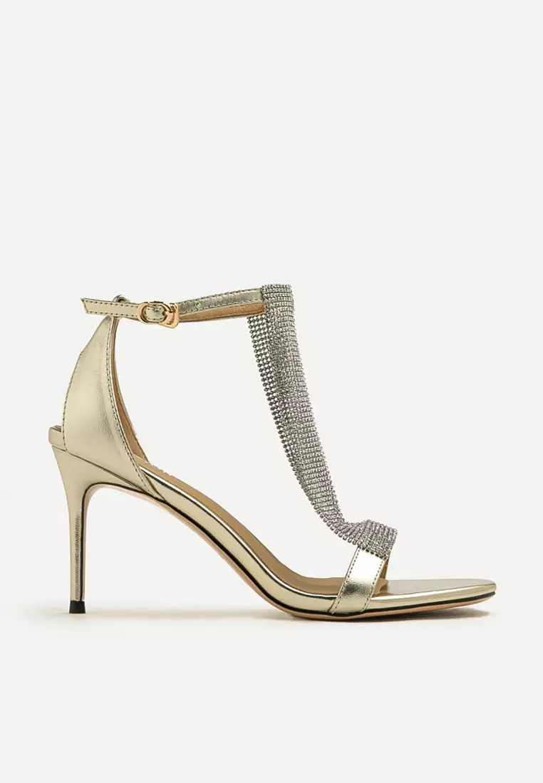 Discount on Pazzion  shoes - SKU: Orion Diamante Embellished Strappy Heels Gold