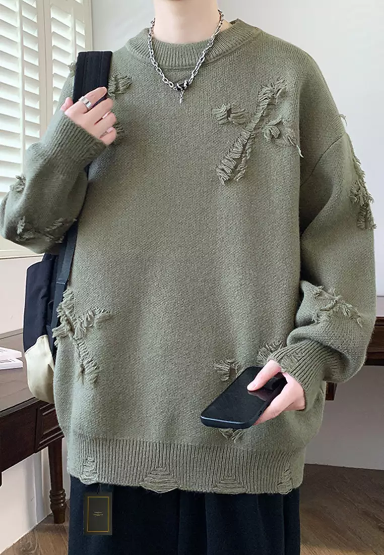 Ripped Jacquard Knit Sweater AY-H24658