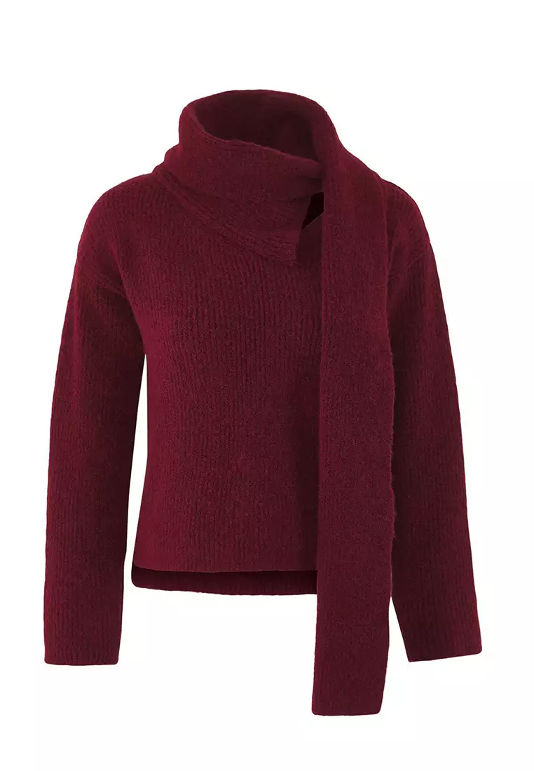Burgundy Wool Blend Beard Yarn Shawl Collar Detailed Knitwear Sweater Twoaw26Kz00008