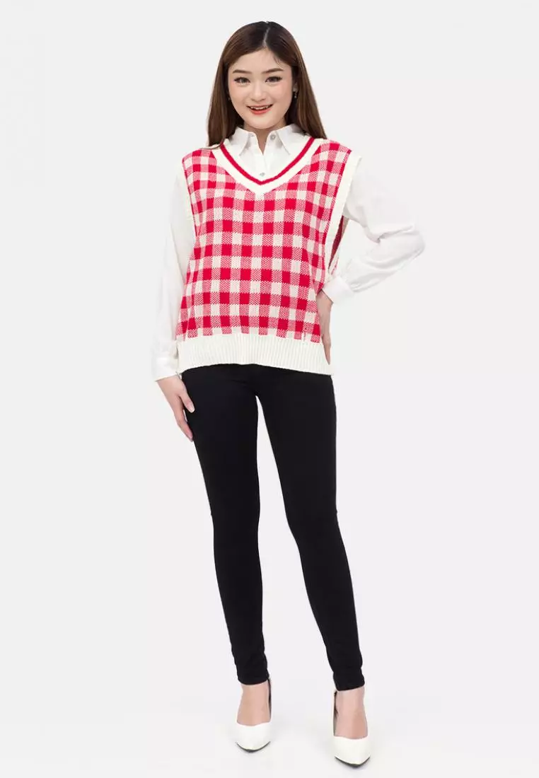 Big Checker Knit Vest in Red