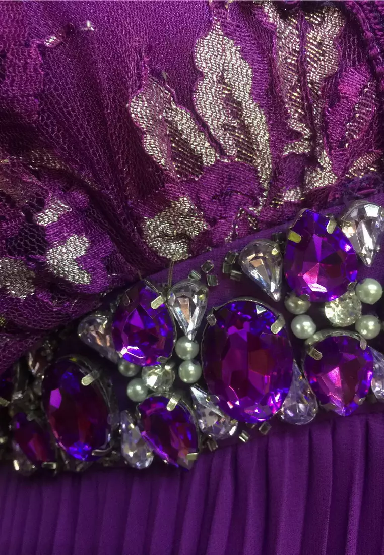 優雅蕾絲釘珠雪紡短袖晚禮服