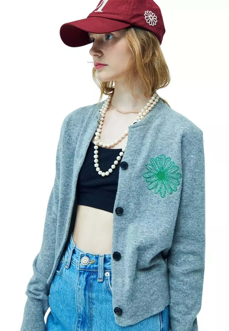 Cashmere Blended Cardigan Round Neck - Grey Green