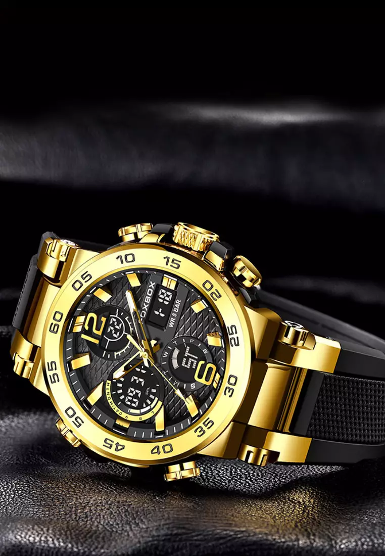 Buy LIGE FOXBOX Chronograph Unisex Digital/Analogue Quartz Watch, Gold ...