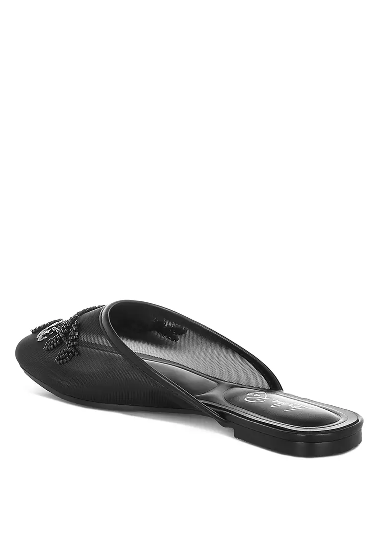 Mesh Sequin Beaded Mules In Black