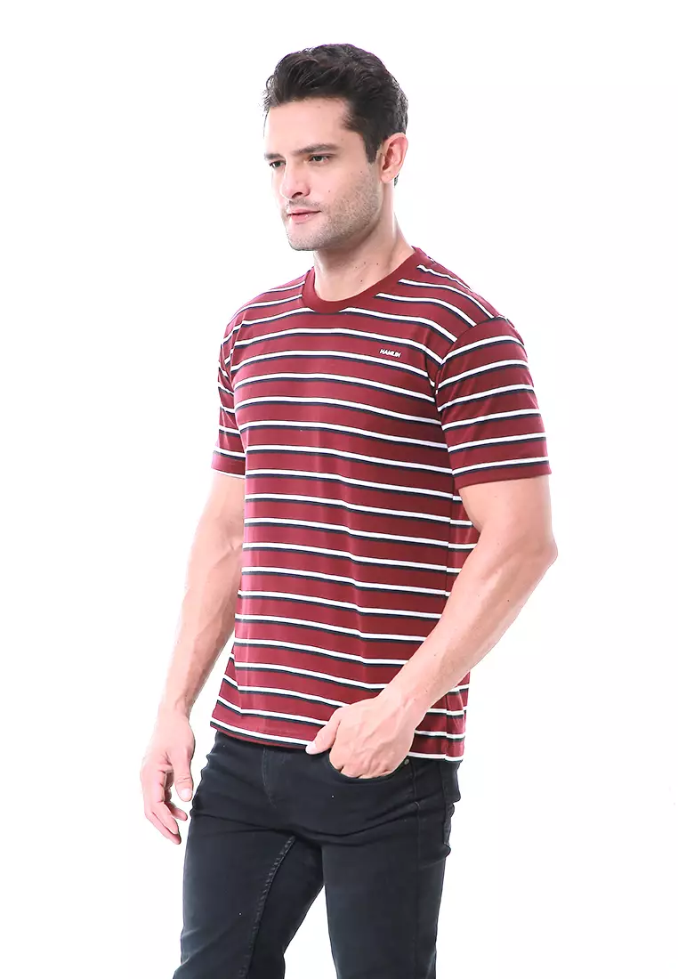 Aisley Kaos Pria Lengan Pendek Sweatshirt Kasual Stripe Motive Material Cotton ORIGINAL - Maroon