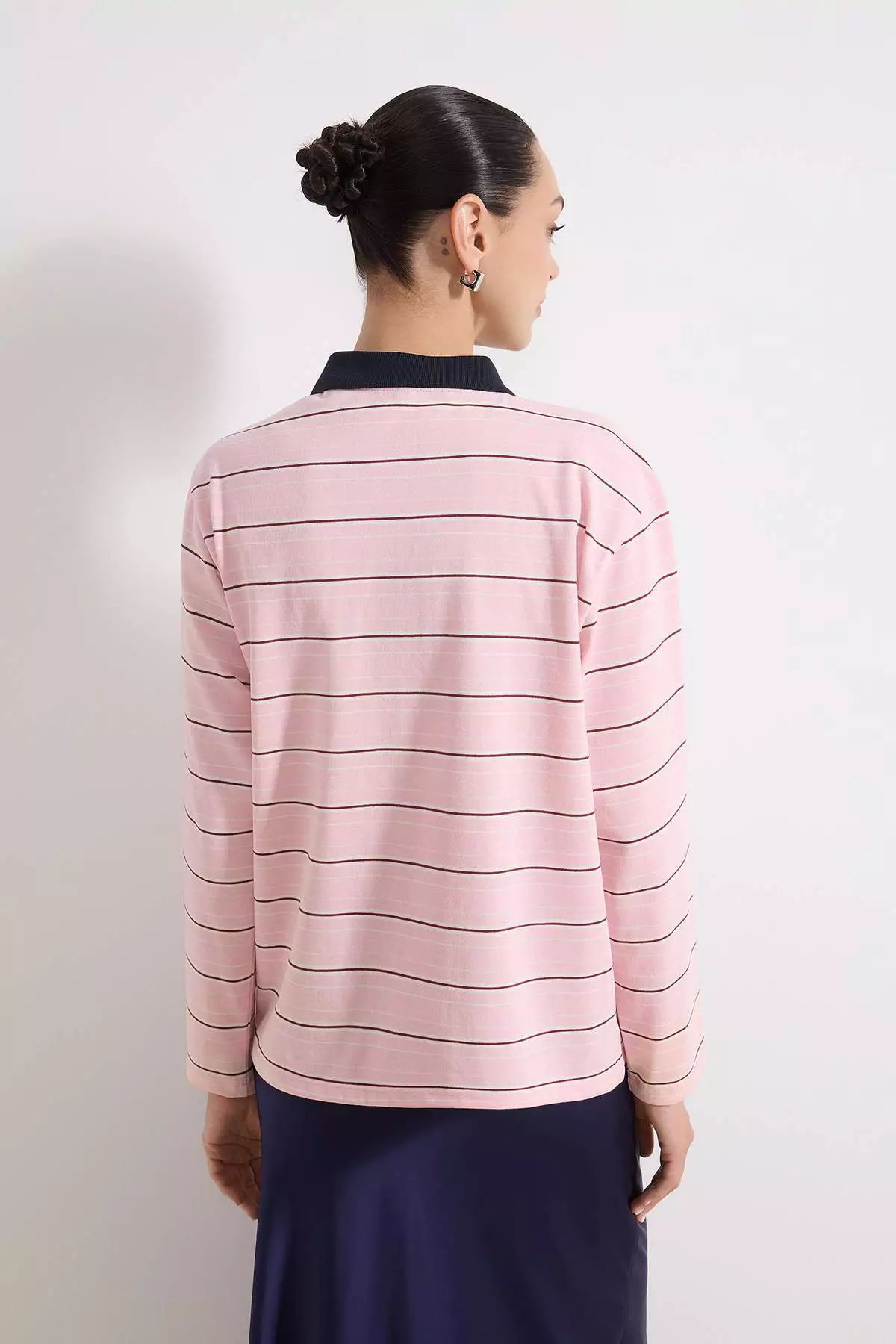 Pink Striped Regular/Normal Fit Polo Neck Zipper Tok 1% Cotton Knitted T-Shirt Twoss26Ts33