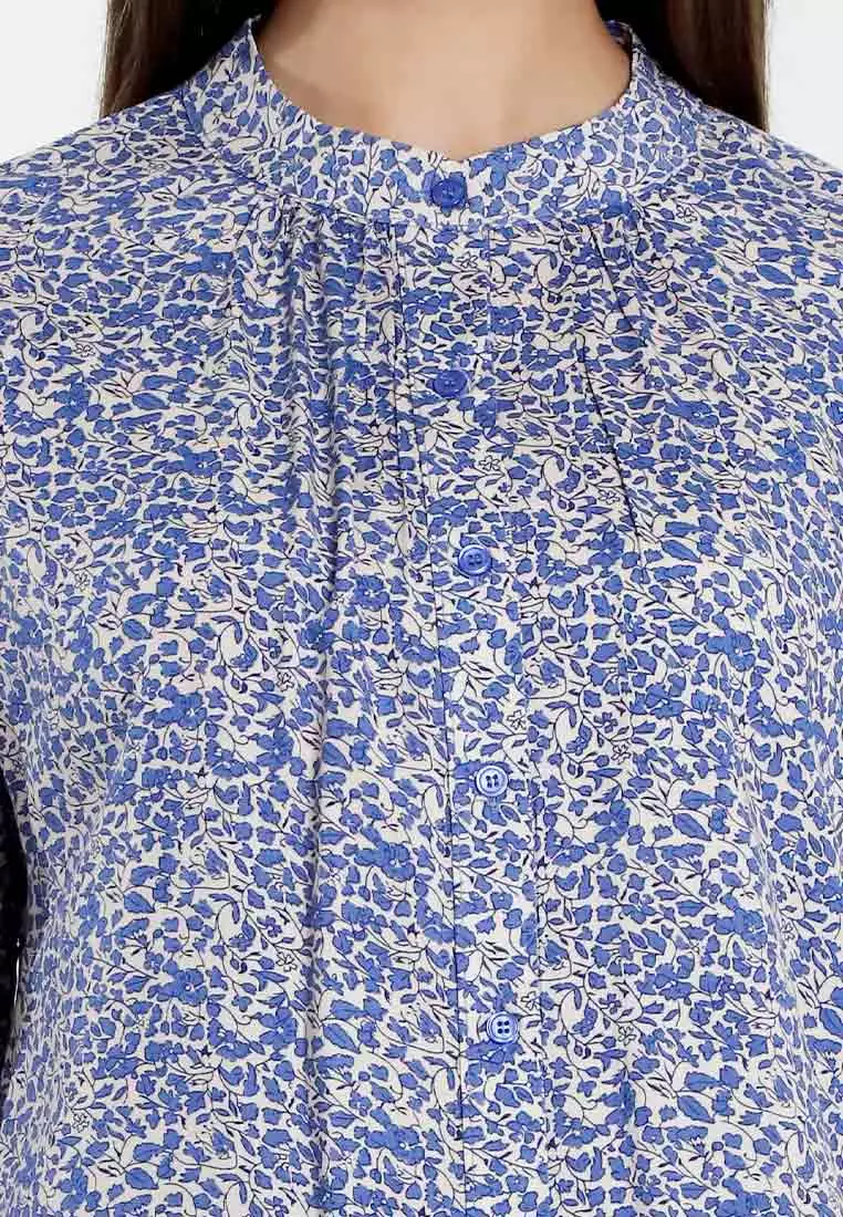 Forest Ladies Floral Pattern Button Rayon Blouse Women Long Sleeve Blouse | Baju Perempuan - 822486-31Blue