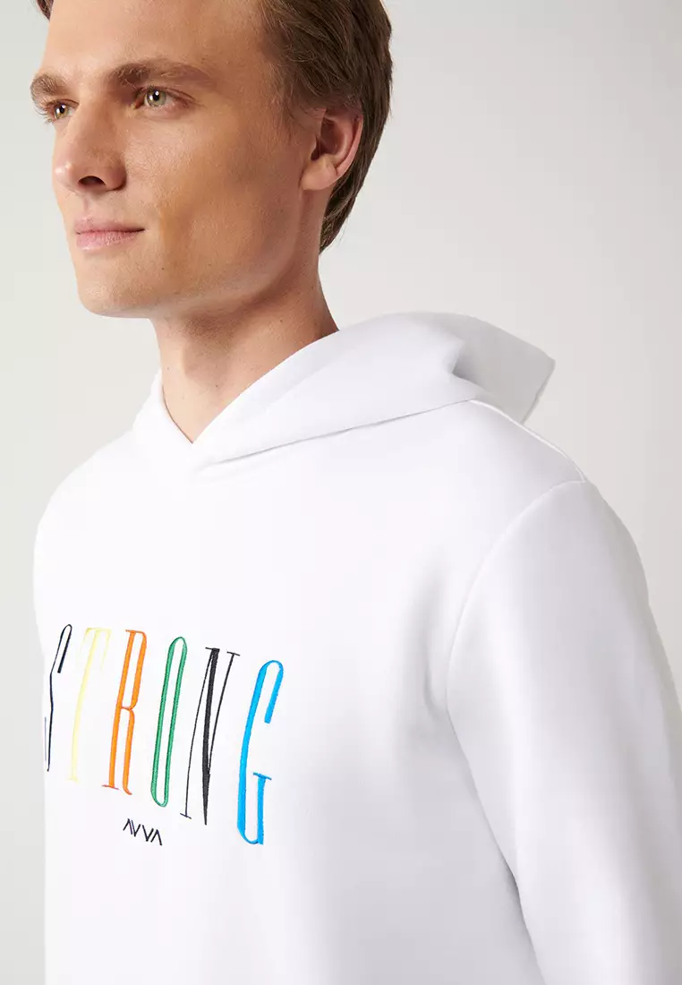 Men's White Hooded 3 Thread Raised Embroidered Sweatshirt A32Y1380