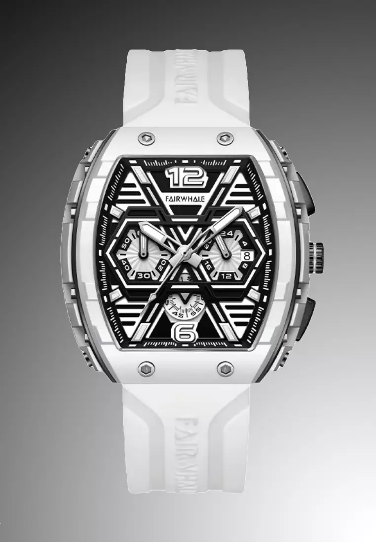 Unisex Barrel Shape Resin Quartz Chronograph Watch, 45mm, Rubber Strap